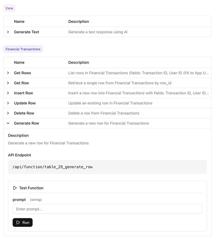 Example list of functions on UI with expandable details and testing input
