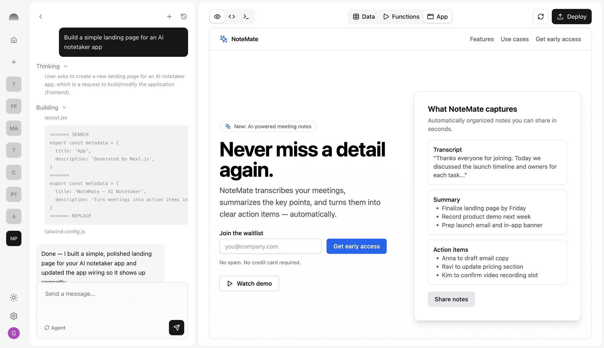 Subterranean platform UI with agent chat on the left and the application view on the right
