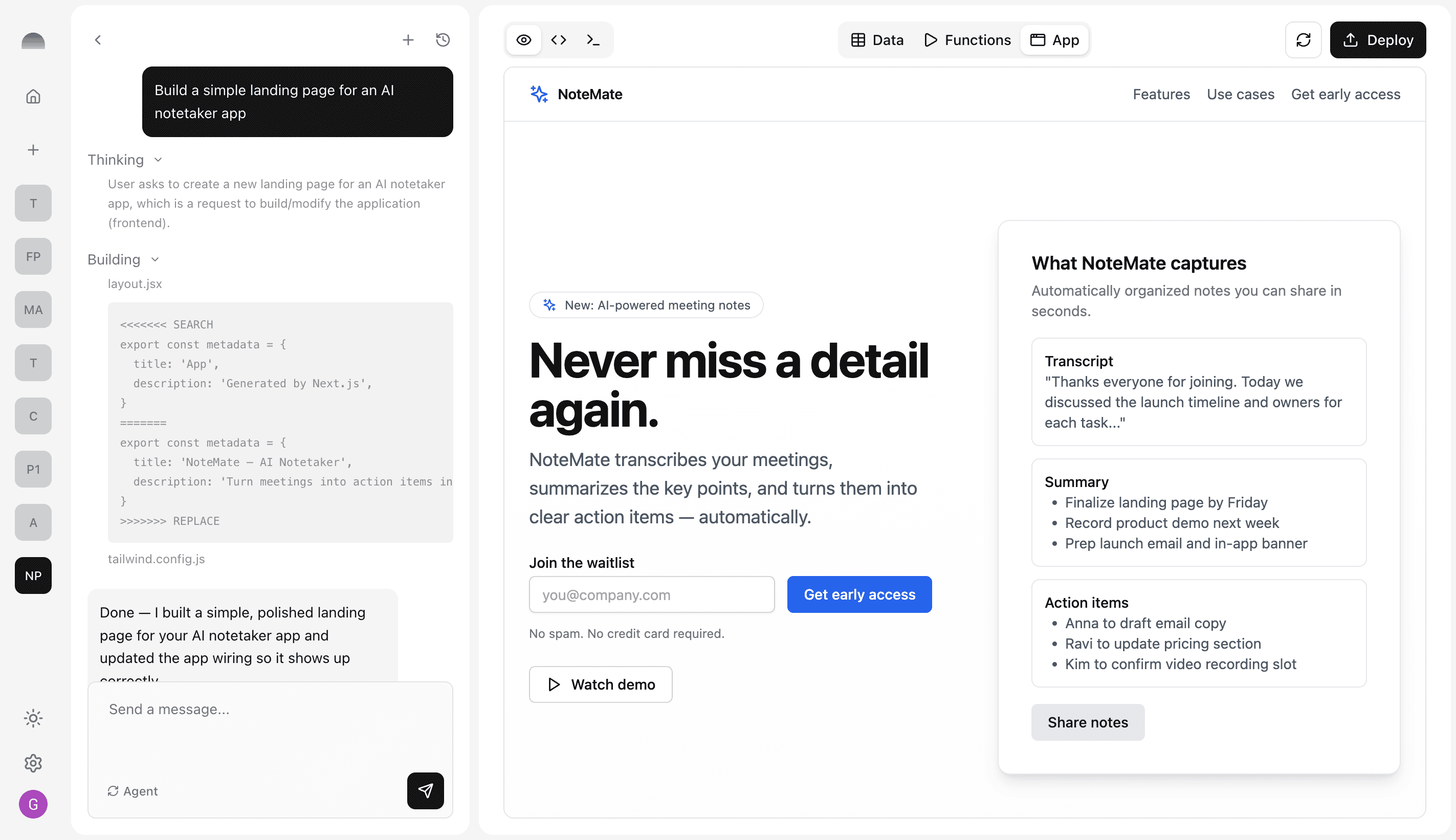 Subterranean platform UI with agent chat on the left and the application view on the right
