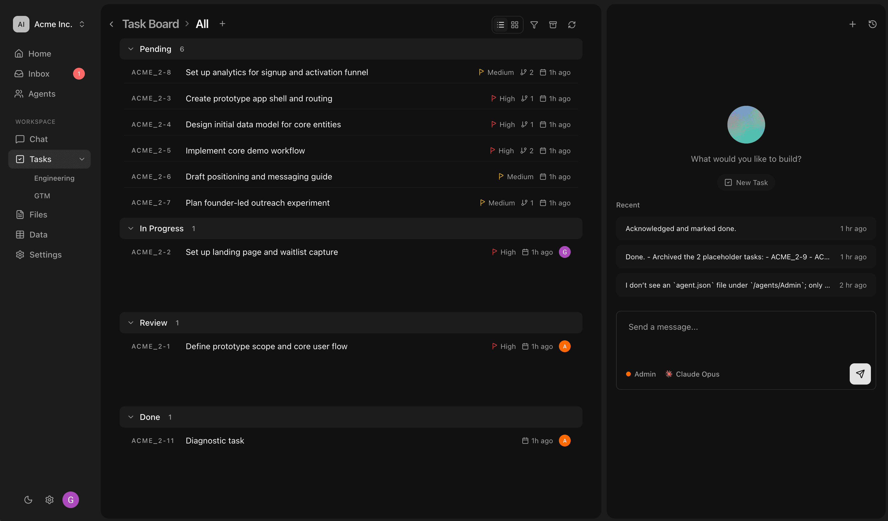 Demo marketing video showing agent, task board, project workspace files and tables, and code and UI results
