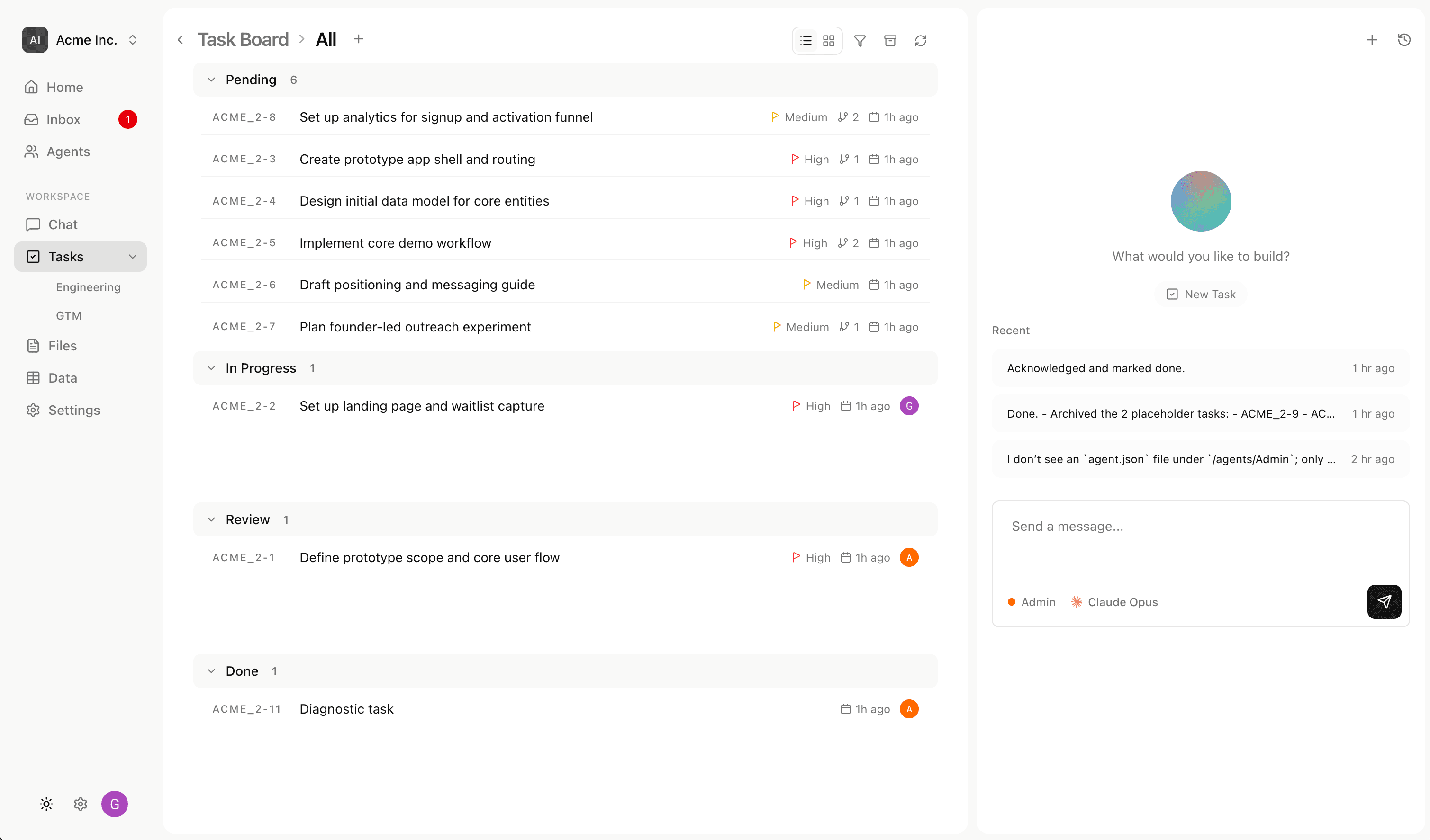 Demo marketing video showing agent, task board, project workspace files and tables, and code and UI results