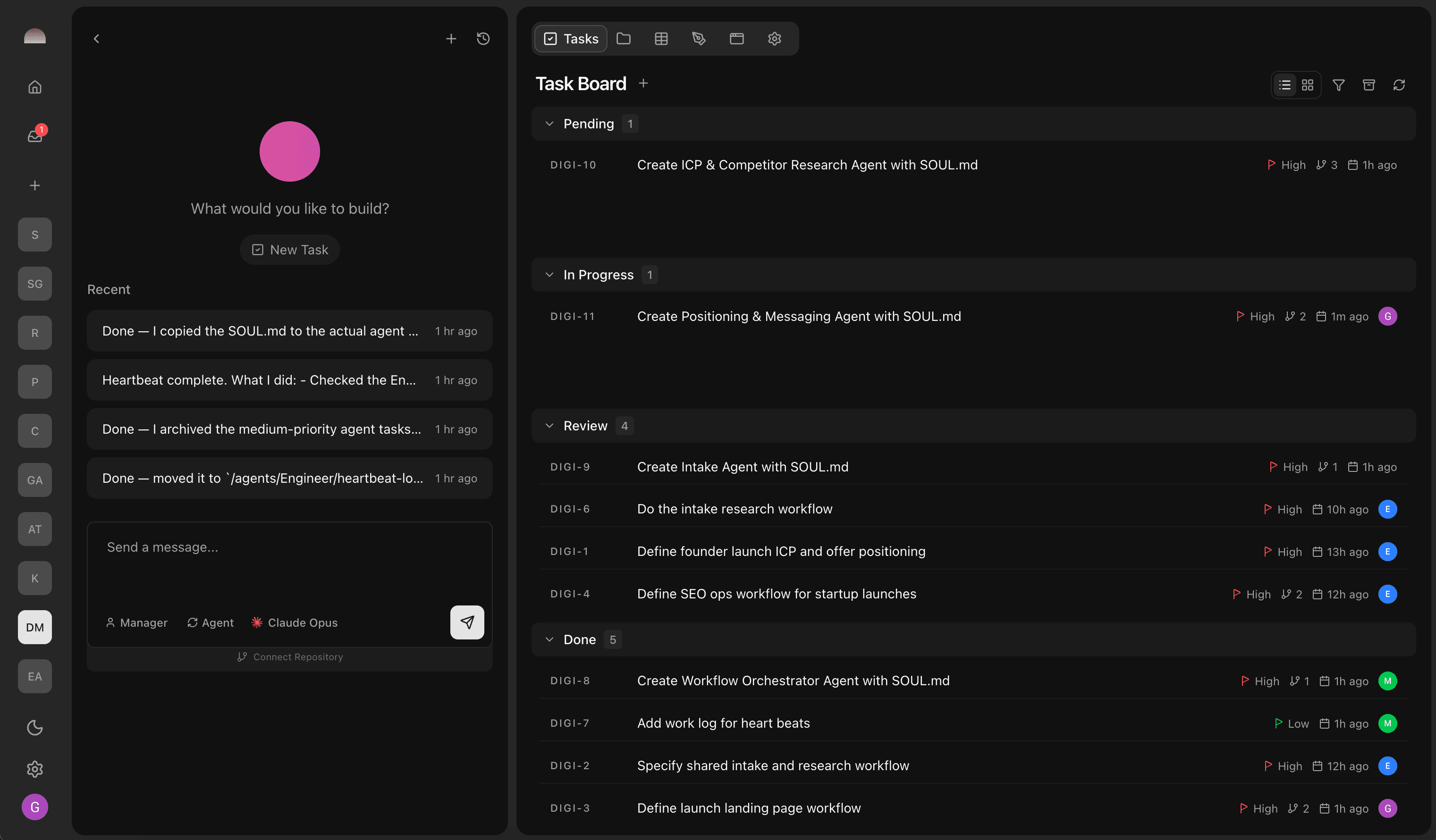 Demo marketing video showing agent, task board, project workspace files and tables, and code and UI results