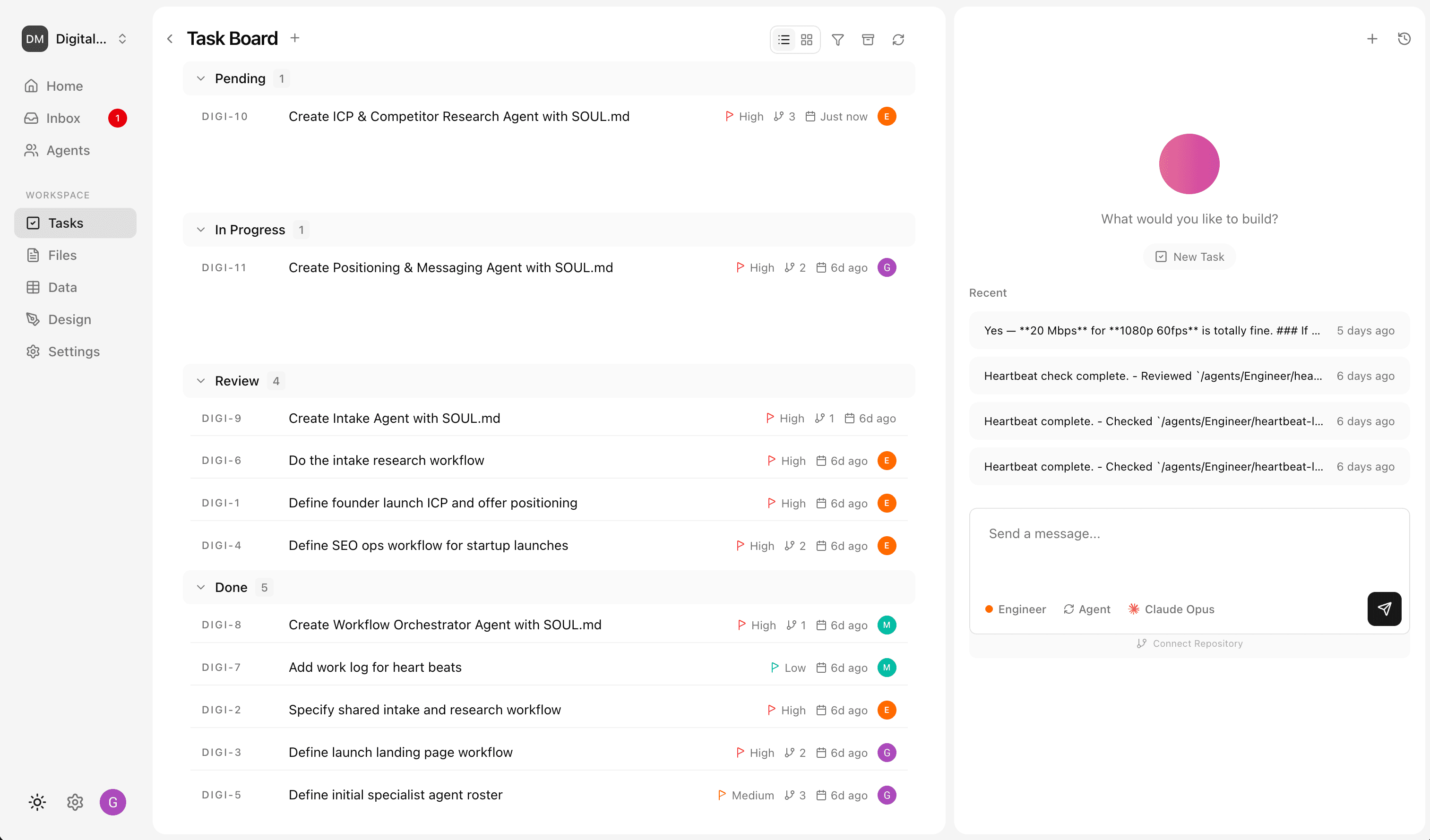 Demo marketing video showing agent, task board, project workspace files and tables, and code and UI results