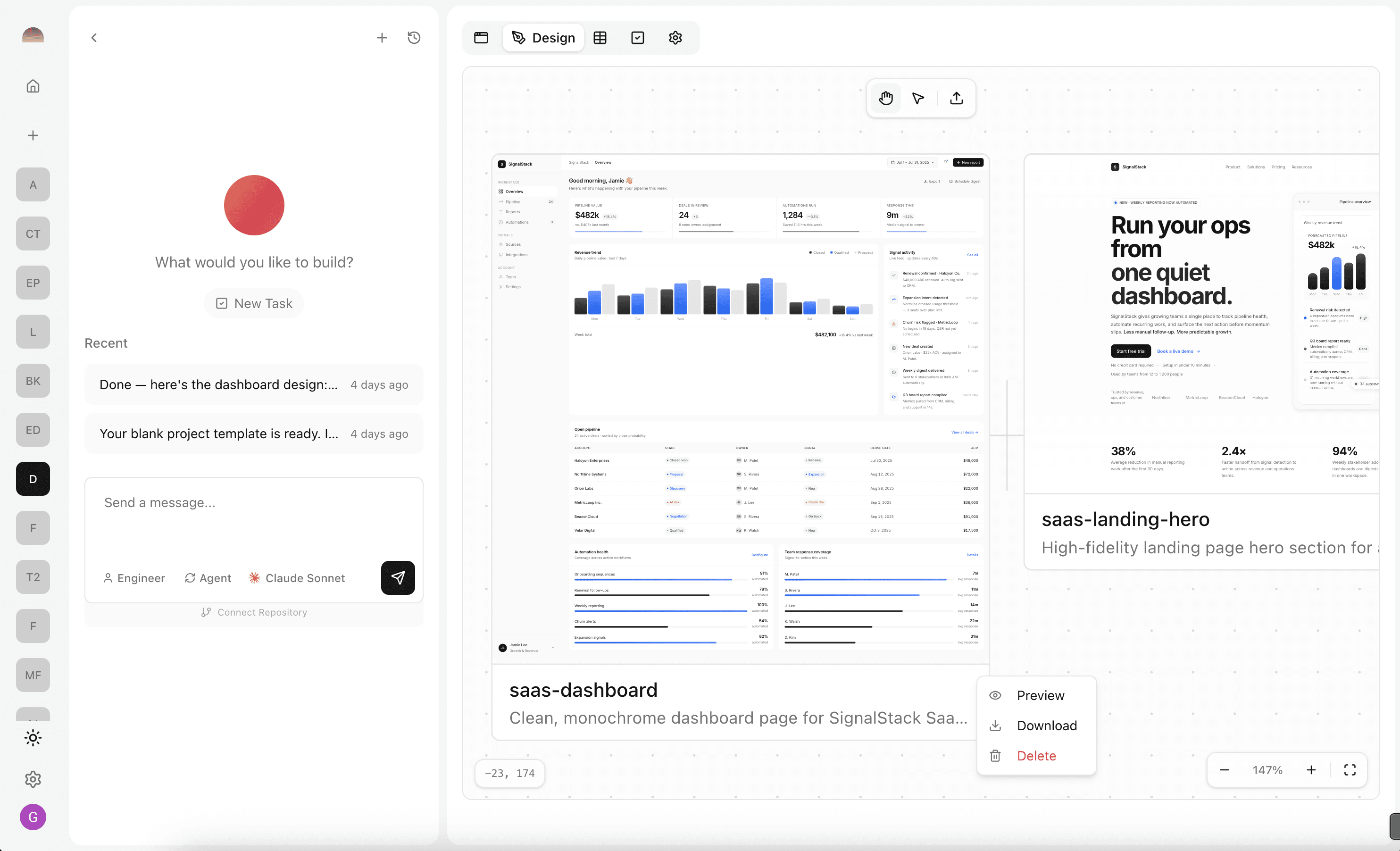 Design View canvas showing HTML design artifacts