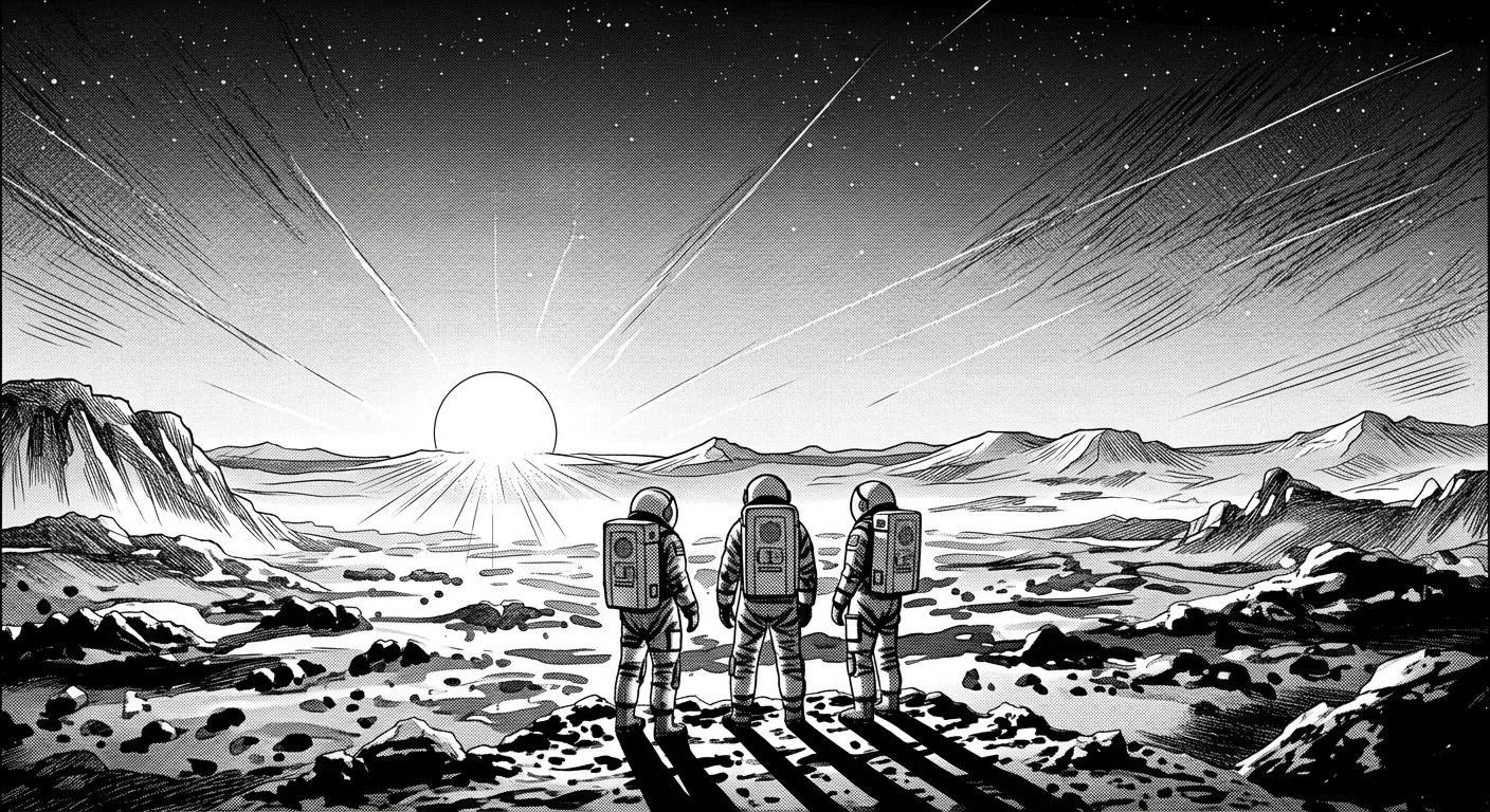 Astronauts on a planet overlooking the horizon